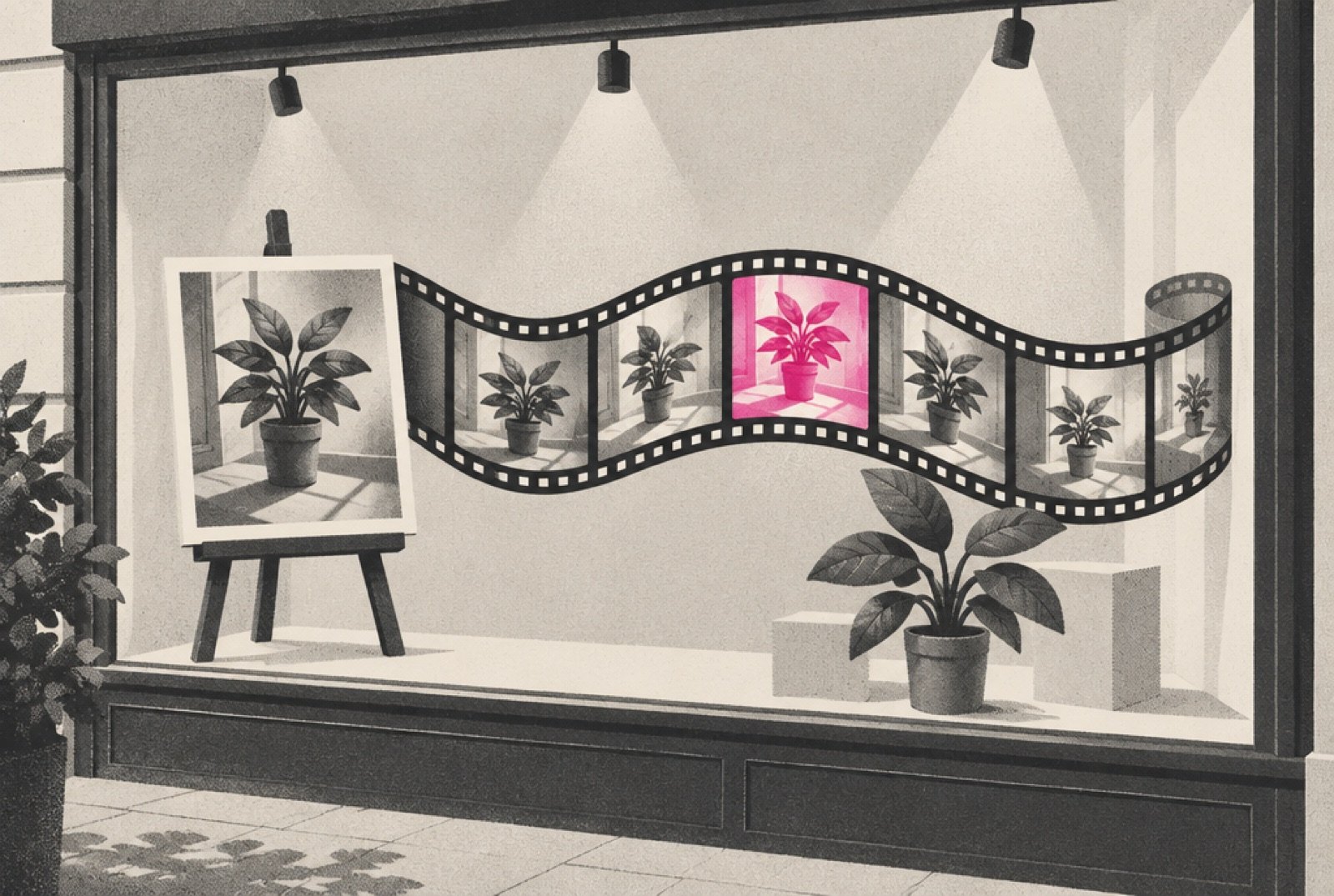A storefront window where a single still photo on display is unspooling into a strip of film frames