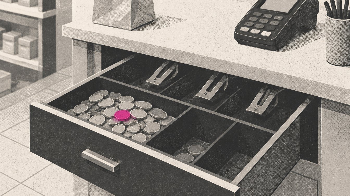 An illustrated cash drawer where most coins have gathered in one compartment marked by a single magenta coin