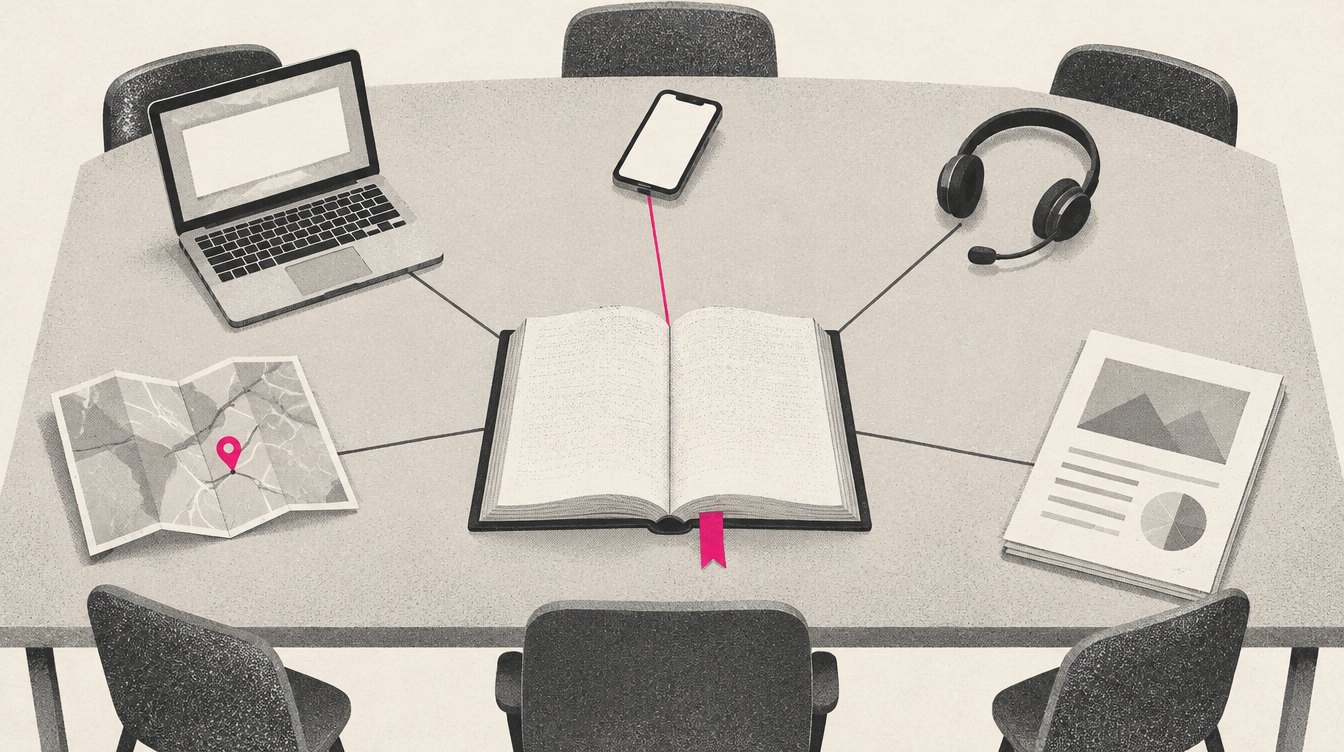 An agency workspace drawn from above, with one large open ledger in the middle of the table and several smaller workstations around it, each connected to the ledger by a thin line; one line drawn in magenta