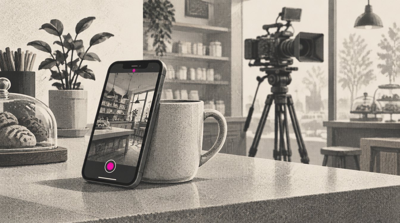 A phone propped against a coffee mug on a shop counter, recording, with a tall professional camera rig standing unused in the background and one magenta record light