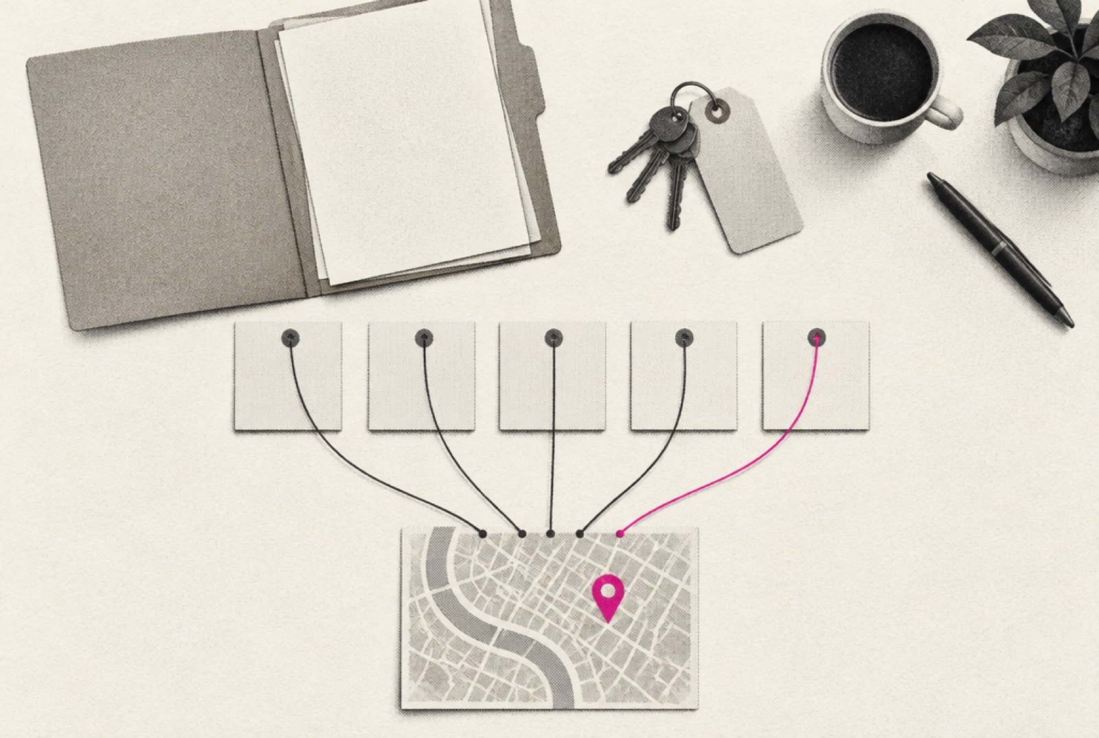 A franchise development desk from above, a fresh folder open beside a set of keys on a paper tag, five small cards in a row with thin threads running from each to a single location card, the last thread in magenta