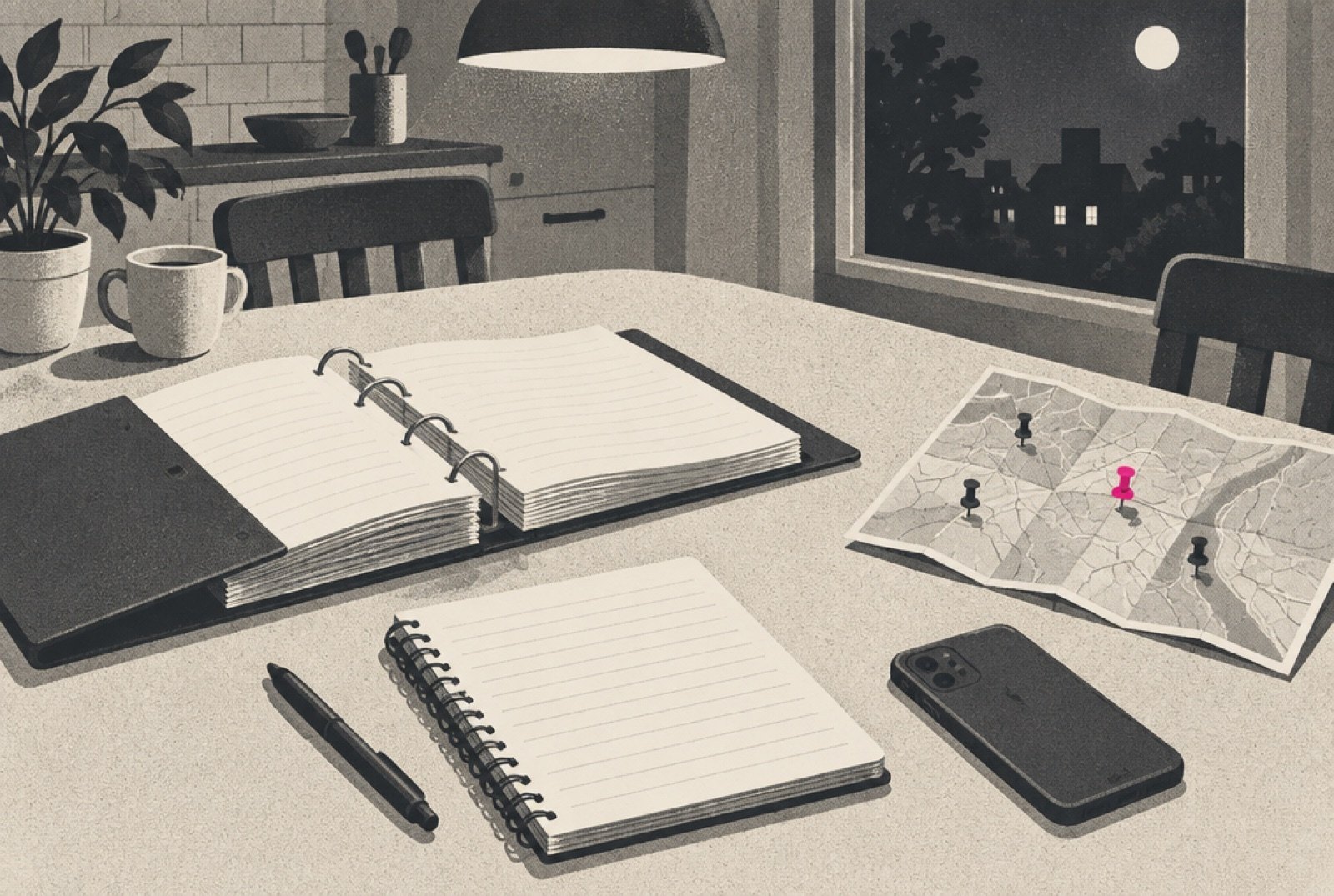Illustration of a kitchen table at night with an open thick binder, a notepad with blank lines, a phone face down and a small map with pins, one pin in magenta