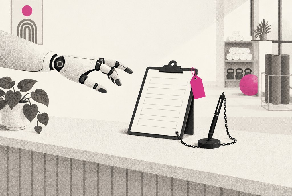 A front desk where a robot hand reaches for a booking form, but the form has no labels and the pen is chained down