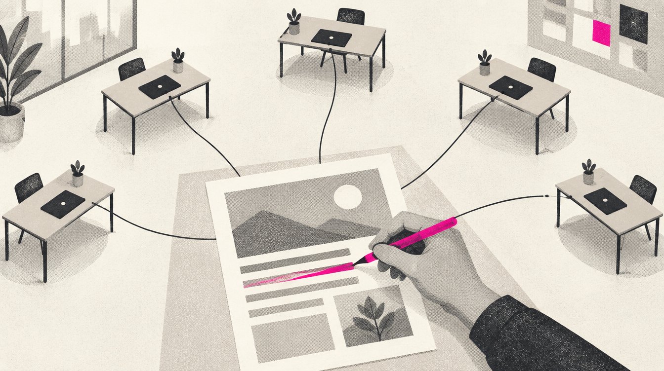 A strategist at an agency desk crosses out one line on a printed ad proof with a magenta pen, and thin lines run from the mark to six small workstations around the room.