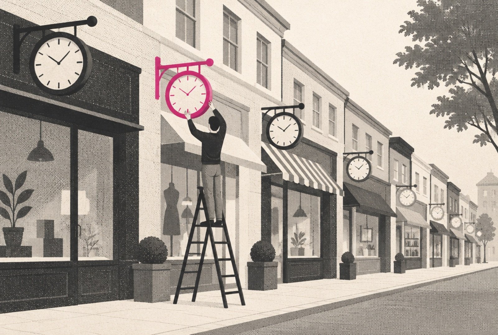 Illustration of a long row of storefronts, each with a small hanging sign showing a clock, with one sign in magenta being adjusted by a hand on a ladder