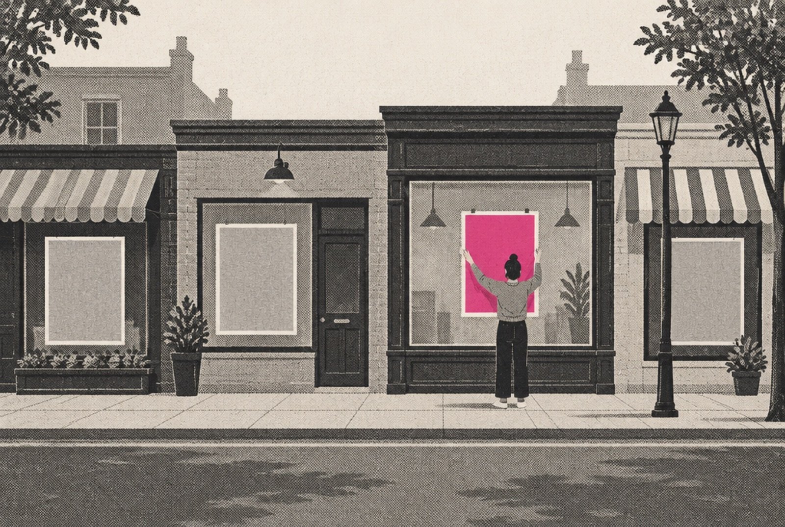 Illustration of a row of storefronts on a street, each with a blank poster frame in the window, most frames filled with the same grey poster and one being hung in magenta by a person seen from behind
