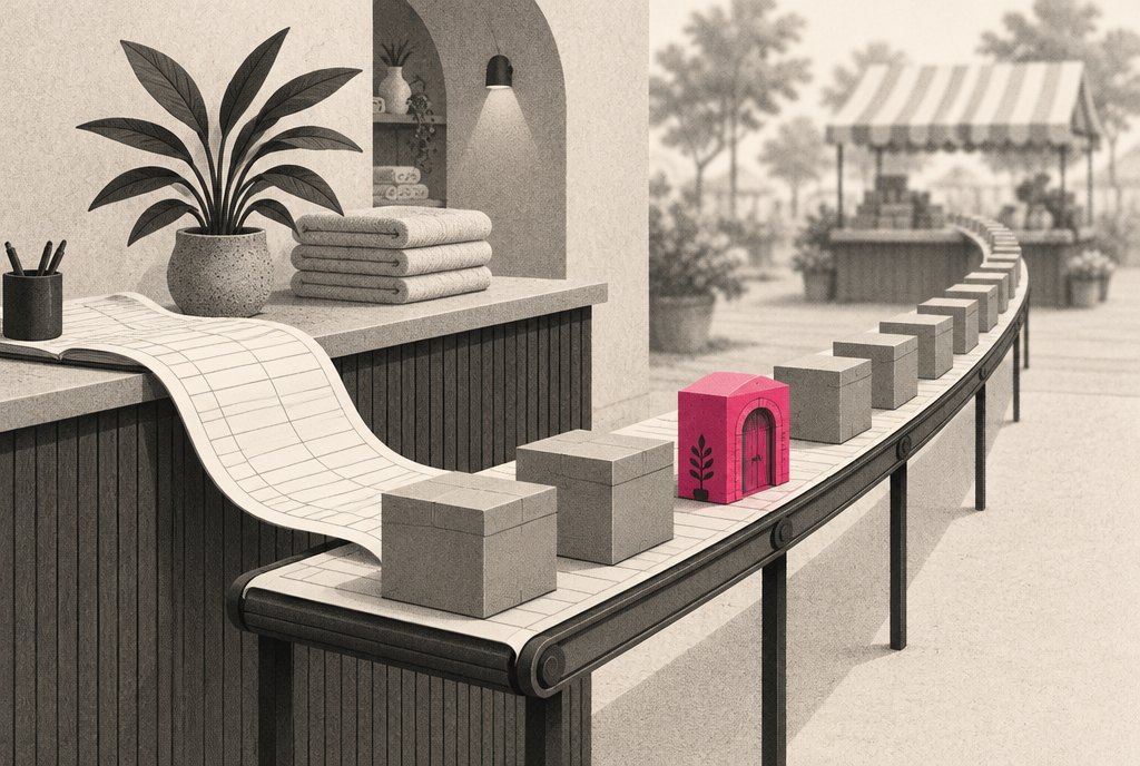 A front desk at a small spa where the appointment book has become a wide conveyor belt, carrying identical grey boxes past the counter, while one box glows magenta and bears the shape of the spa's own door