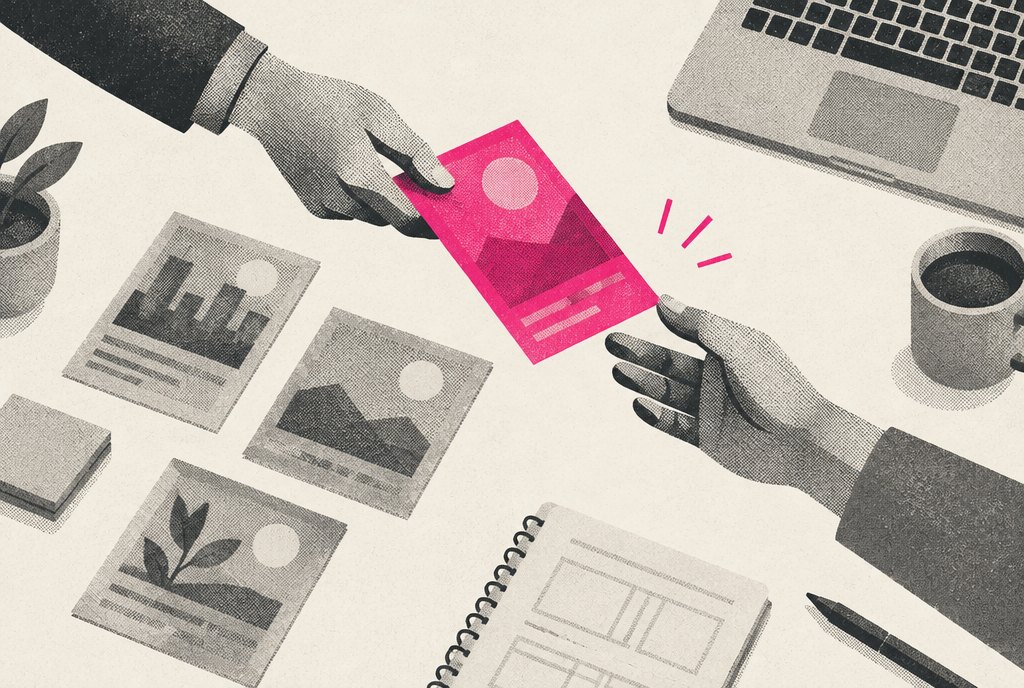 Illustration of a hand passing a baton between two paper ad cards on a planning desk, the receiving card in magenta