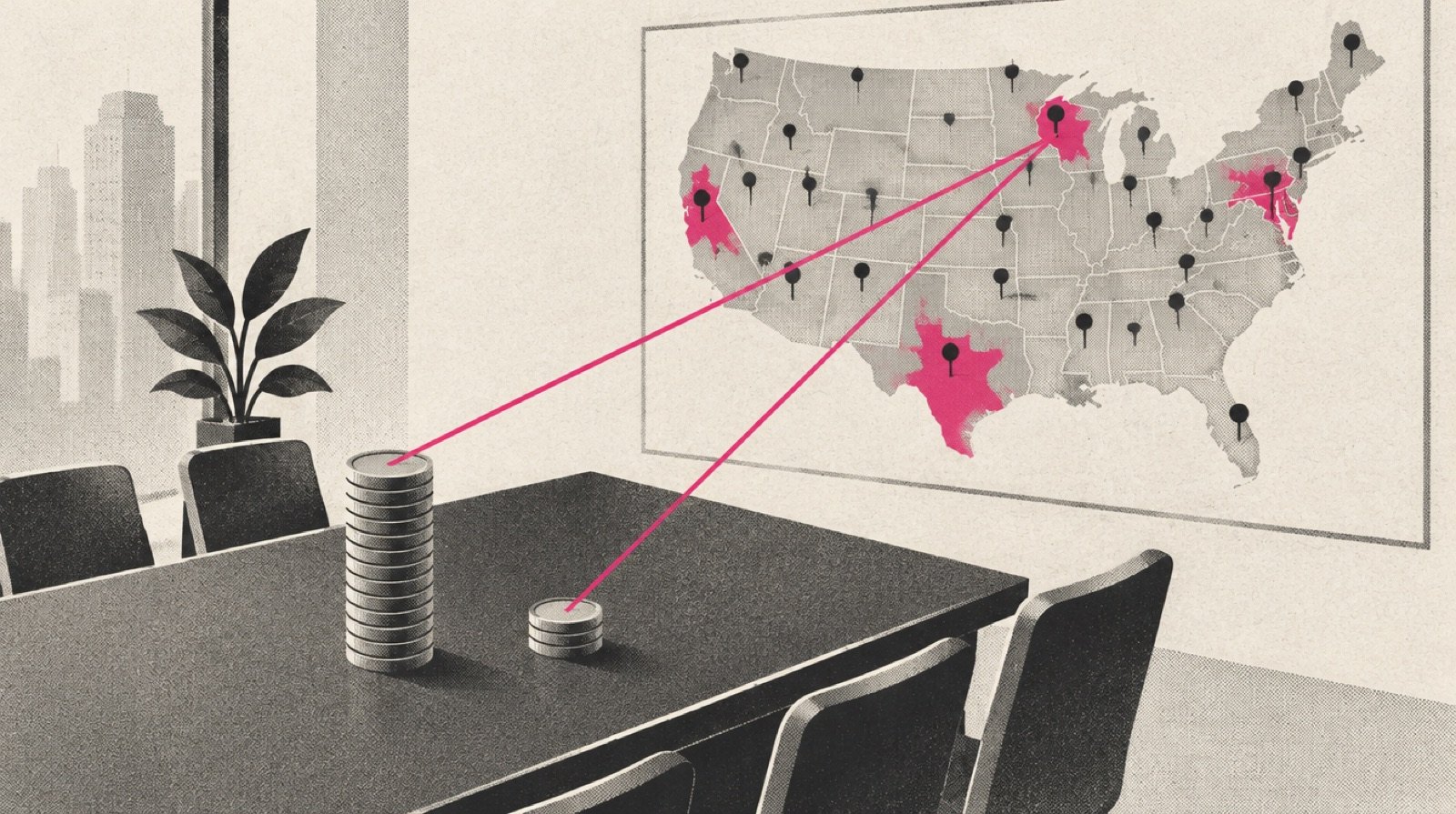 A franchise boardroom table with two stacks of coins, one large and one small, each connected by thin lines to a wall map of pins, with one overlapping area of the map shaded in magenta