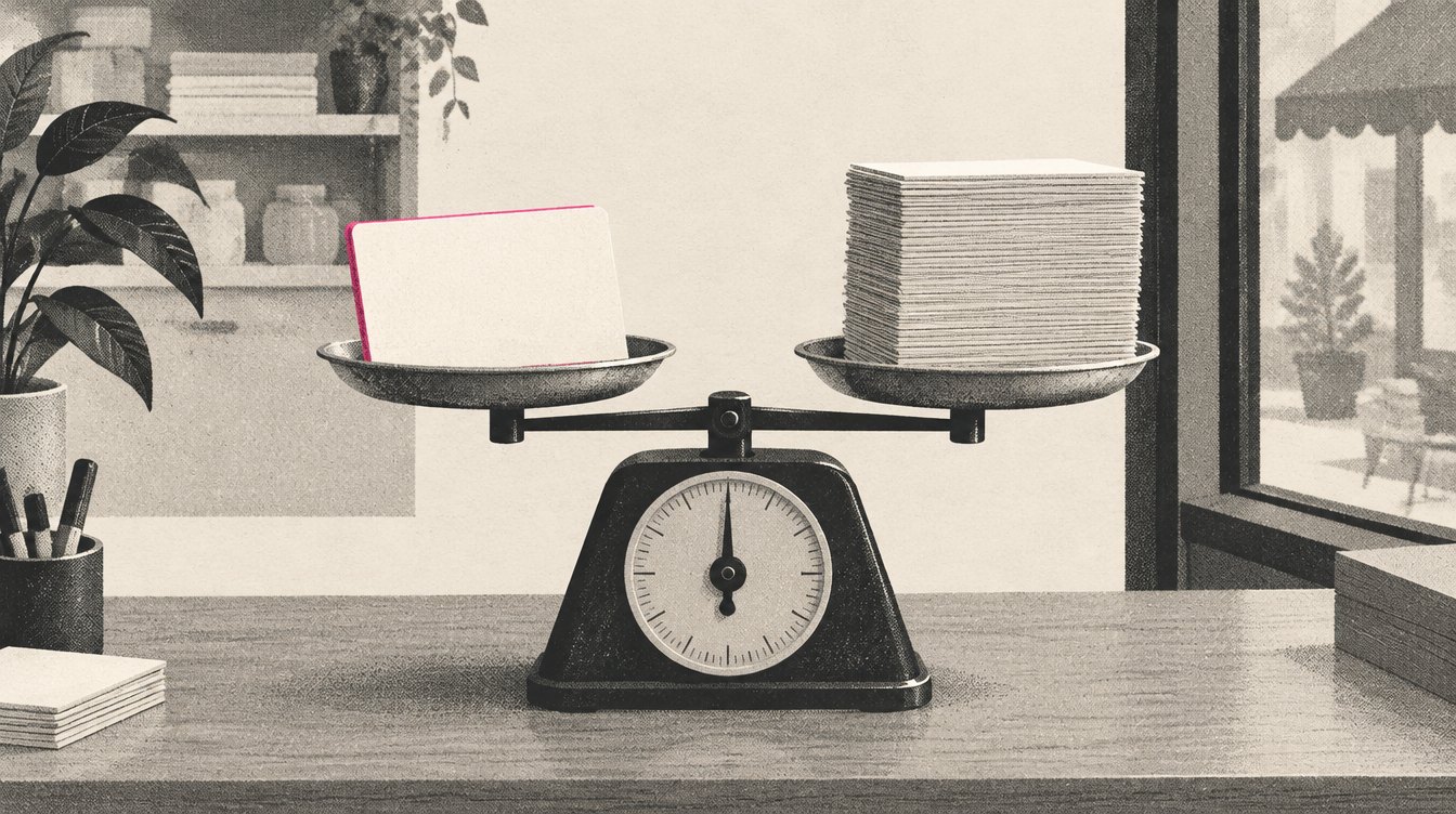 An illustrated desk with a small kitchen scale weighing a single lead card against a tall stack of them, one card edged in magenta.