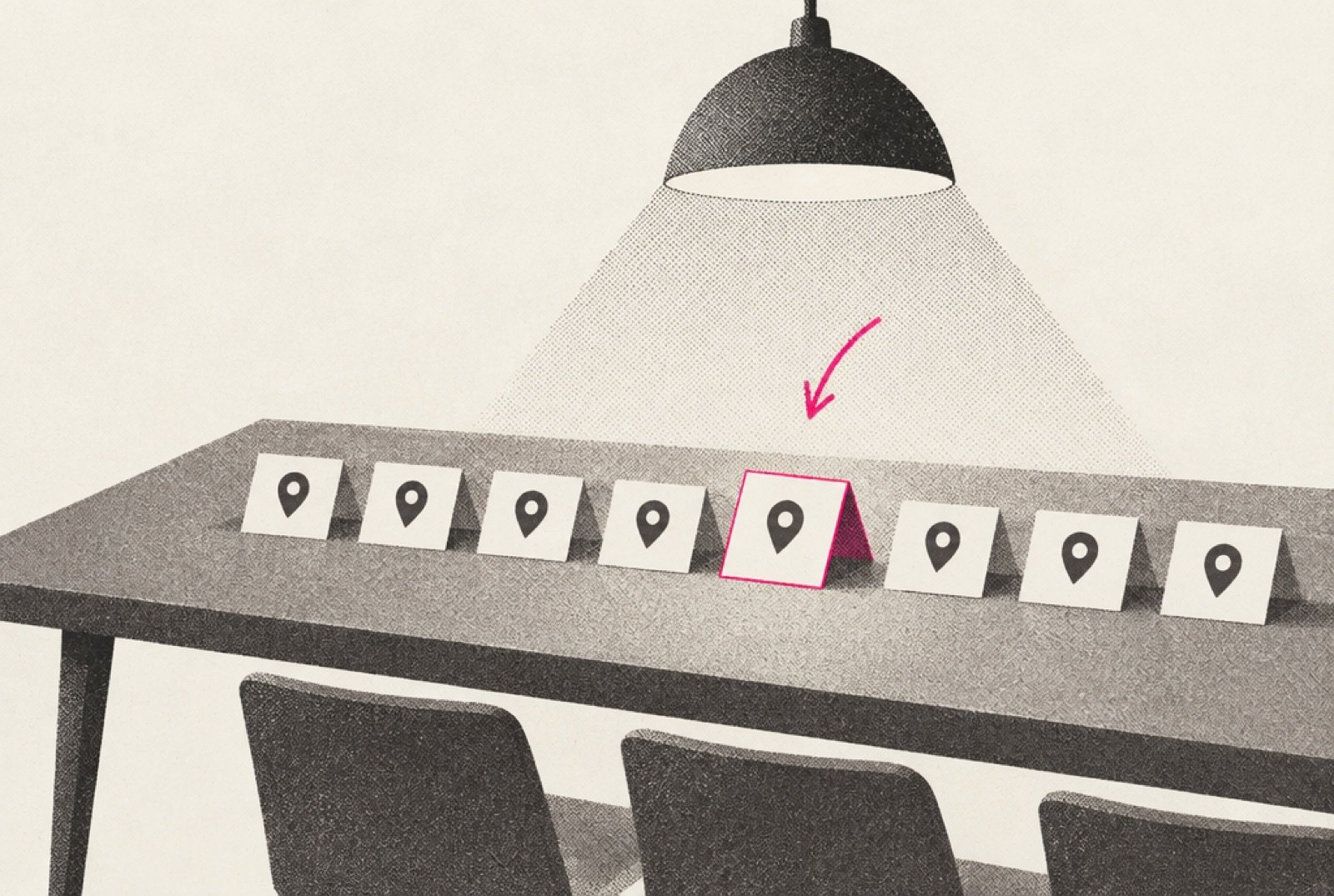 A long table of identical location cards in a neat row under a reading lamp, with one card nudged slightly out of line and edged in magenta, and a hand-drawn arrow pointing to it