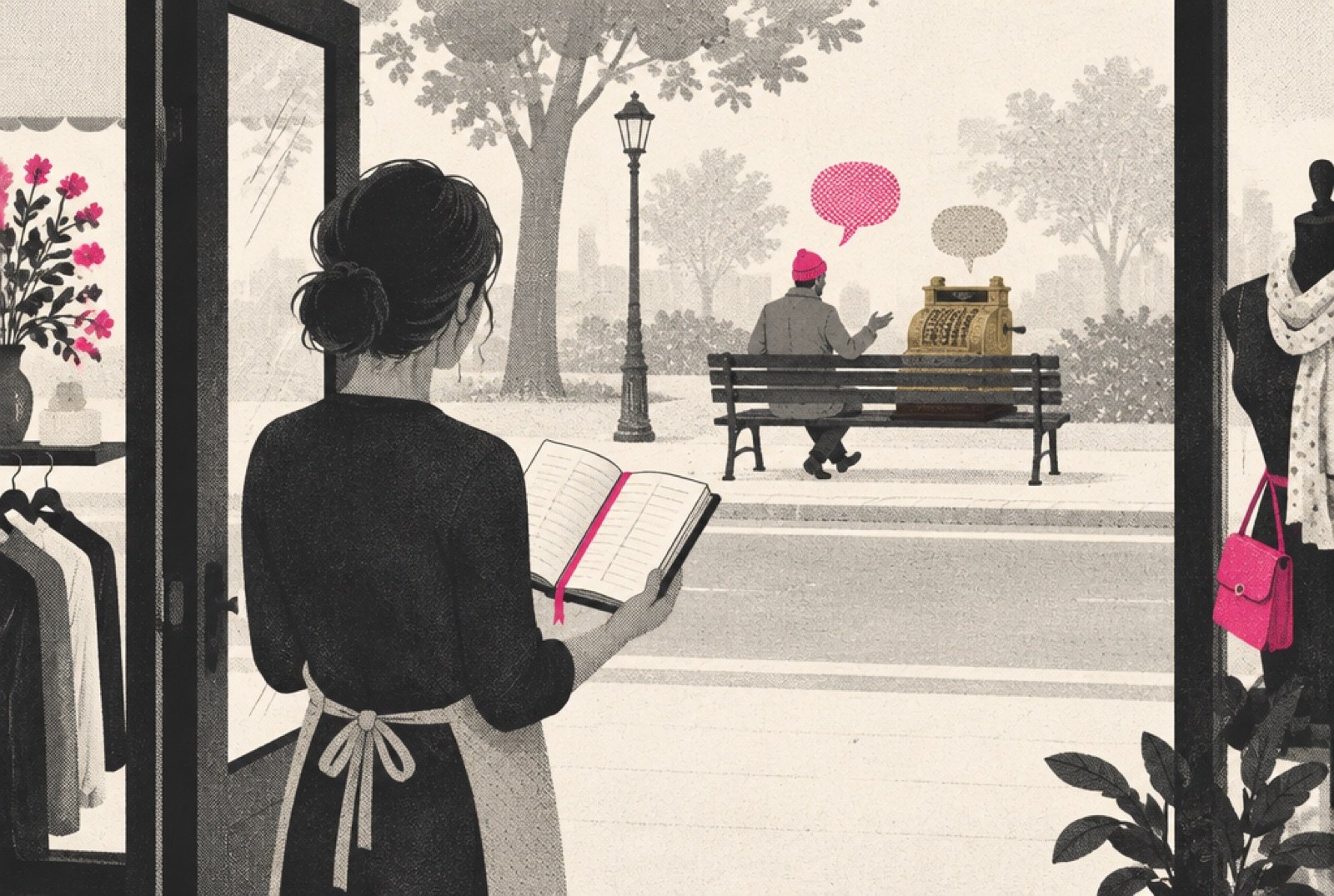 A small boutique where the old brass cash register sits outside on a park bench across the street, beside a person chatting, while the shop owner stands in the doorway holding a receipt book