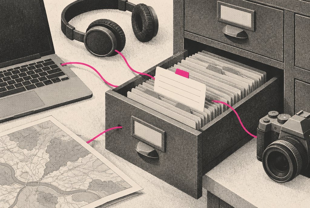 An illustrated wooden card catalog in an agency workroom, with threads running from a laptop, a headset, a printed map and a camera on nearby desks into the same open drawer
