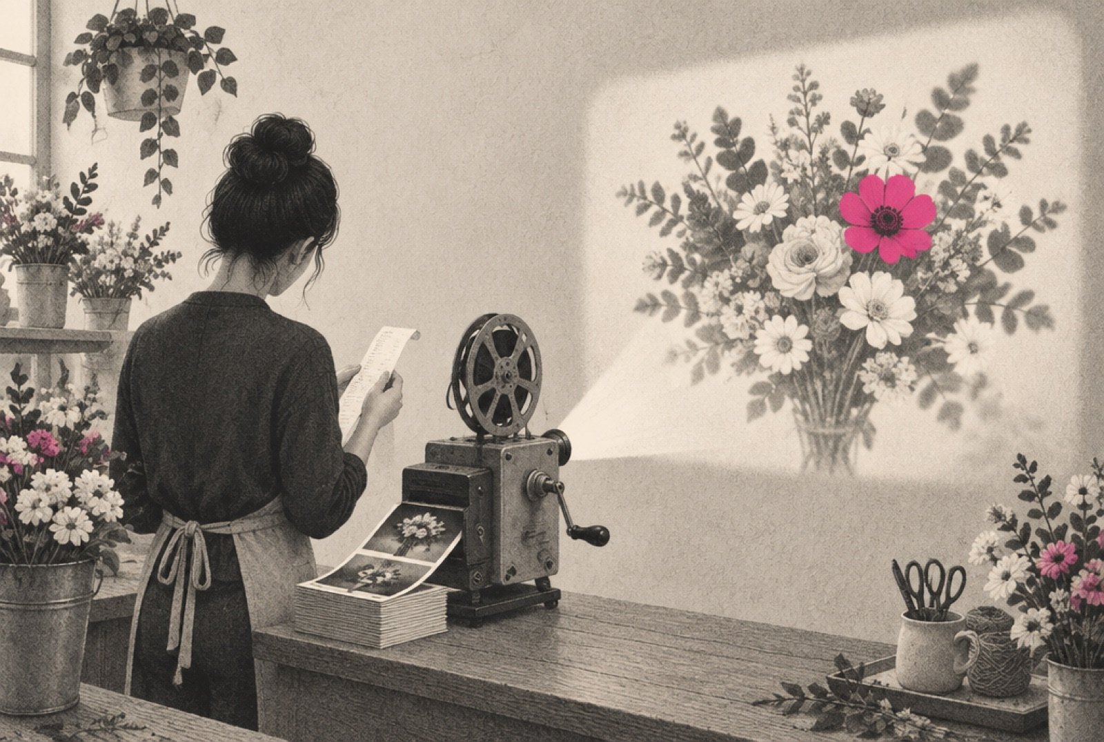 A small flower shop where a stack of still photos on the counter feeds into an old hand-cranked film projector, projecting a moving bouquet onto the wall, while the florist checks a simple paper receipt, one magenta flower in the projection