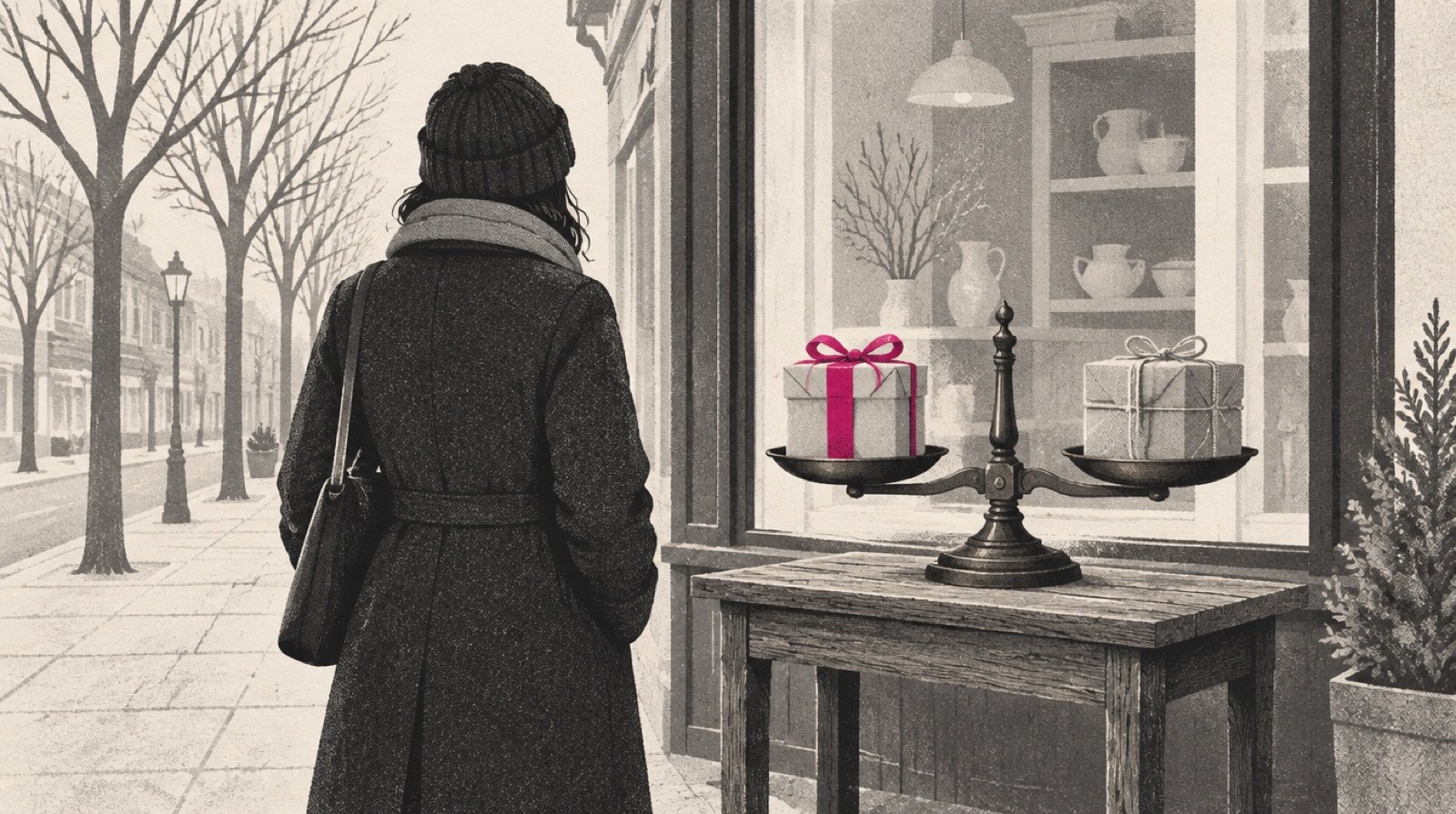 A shopper on a small-town main street weighing two wrapped gifts on an old balance scale outside a shop, one gift tied with a magenta ribbon