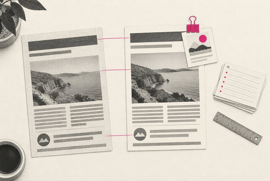 On an agency worktable, a found ad layout sits on the left and its rebuilt version on the right, with thin lines linking headline to headline, photo to photo and logo to logo, and a magenta clip fastening a small offer card to the rebuilt ad