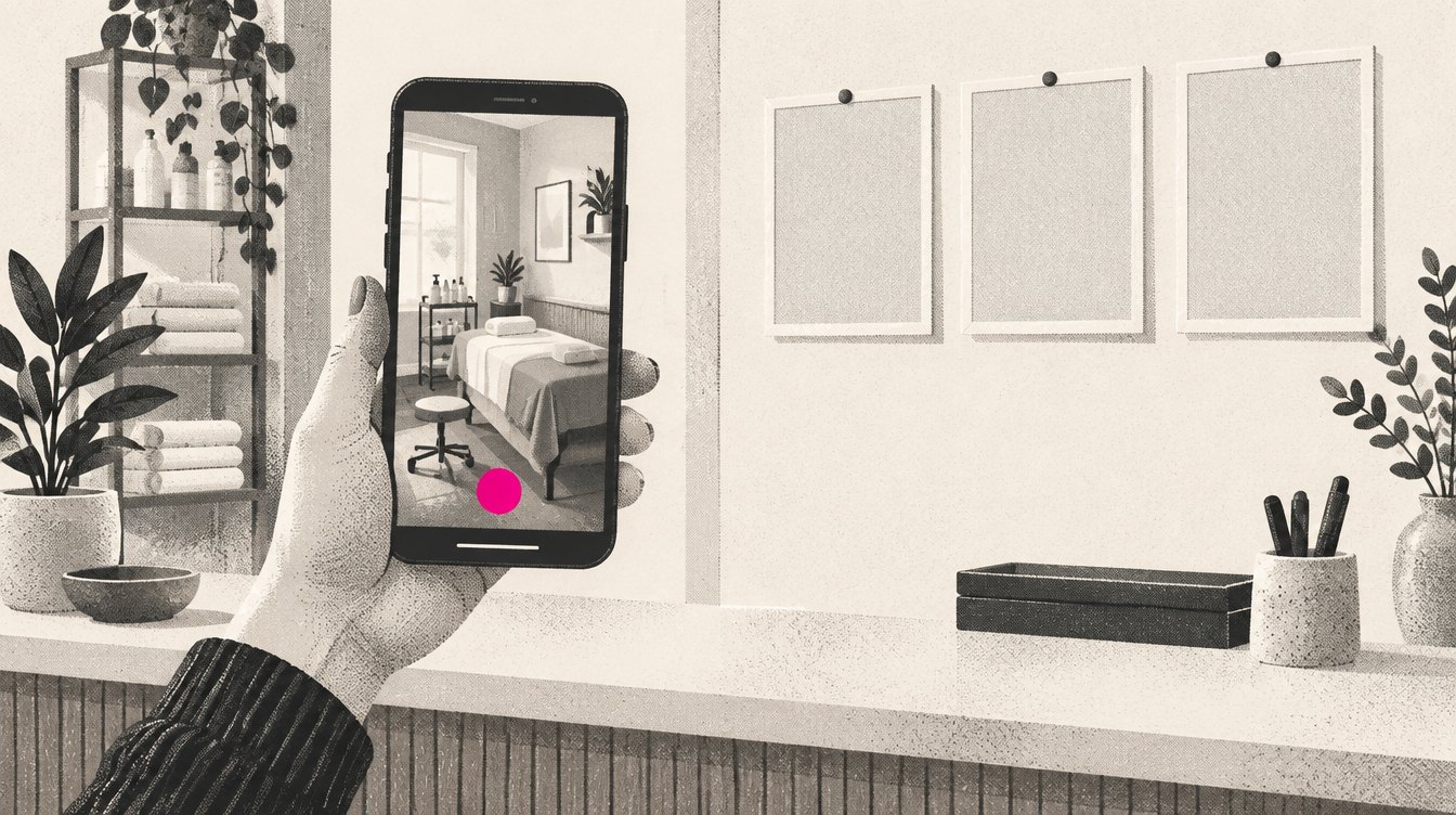 An illustrated hand holding a phone at a front counter, filming a short walkthrough of a treatment room, with a storyboard of three frames pinned to the wall behind it
