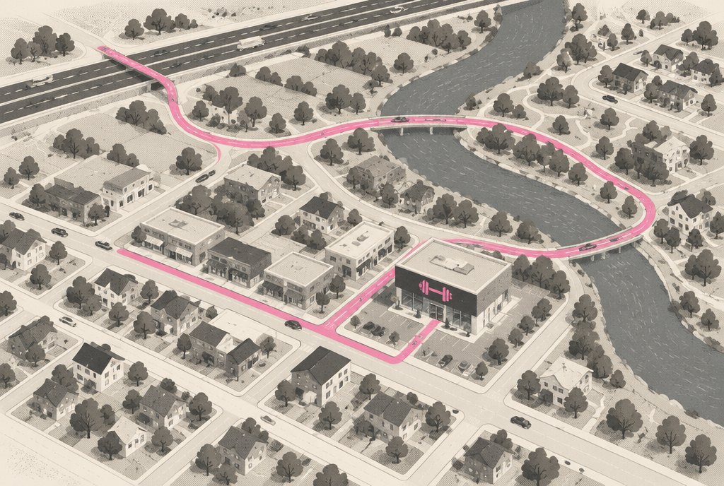 An illustrated local street scene seen from above, with a fitness studio storefront, a winding river, and a soft irregular shape tracing the roads that reach the studio within a short drive