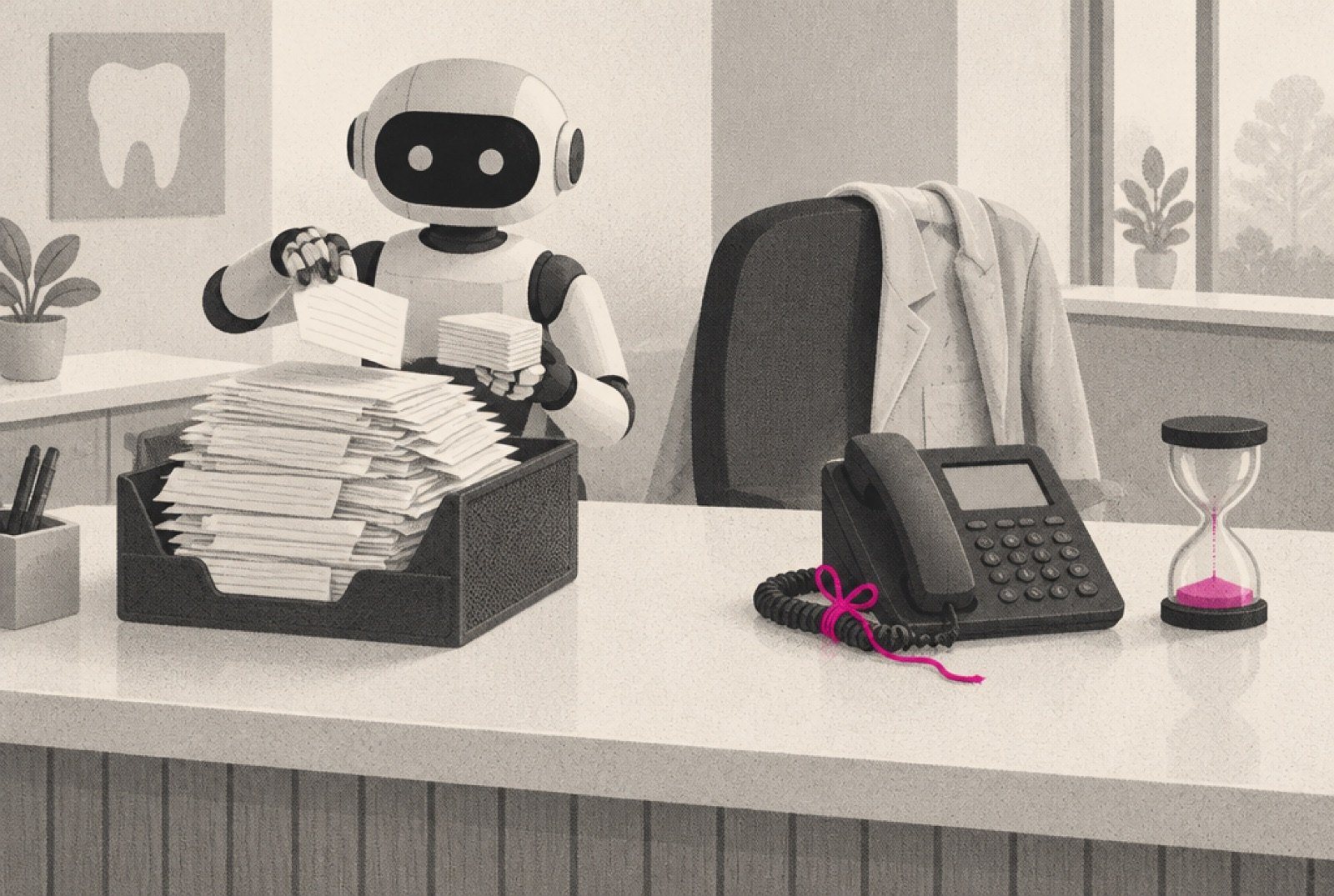 A dental office front desk where a small robot feeds neat index cards into an overflowing inbox tray, while the desk phone sits silent and an hourglass beside it runs low, a magenta thread tied to the phone cord