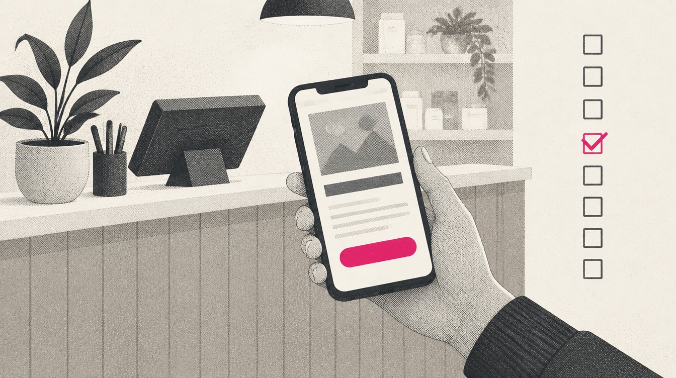 An illustrated hand holding a phone showing a simple business web page, with nine small checkboxes drawn in the margin beside it