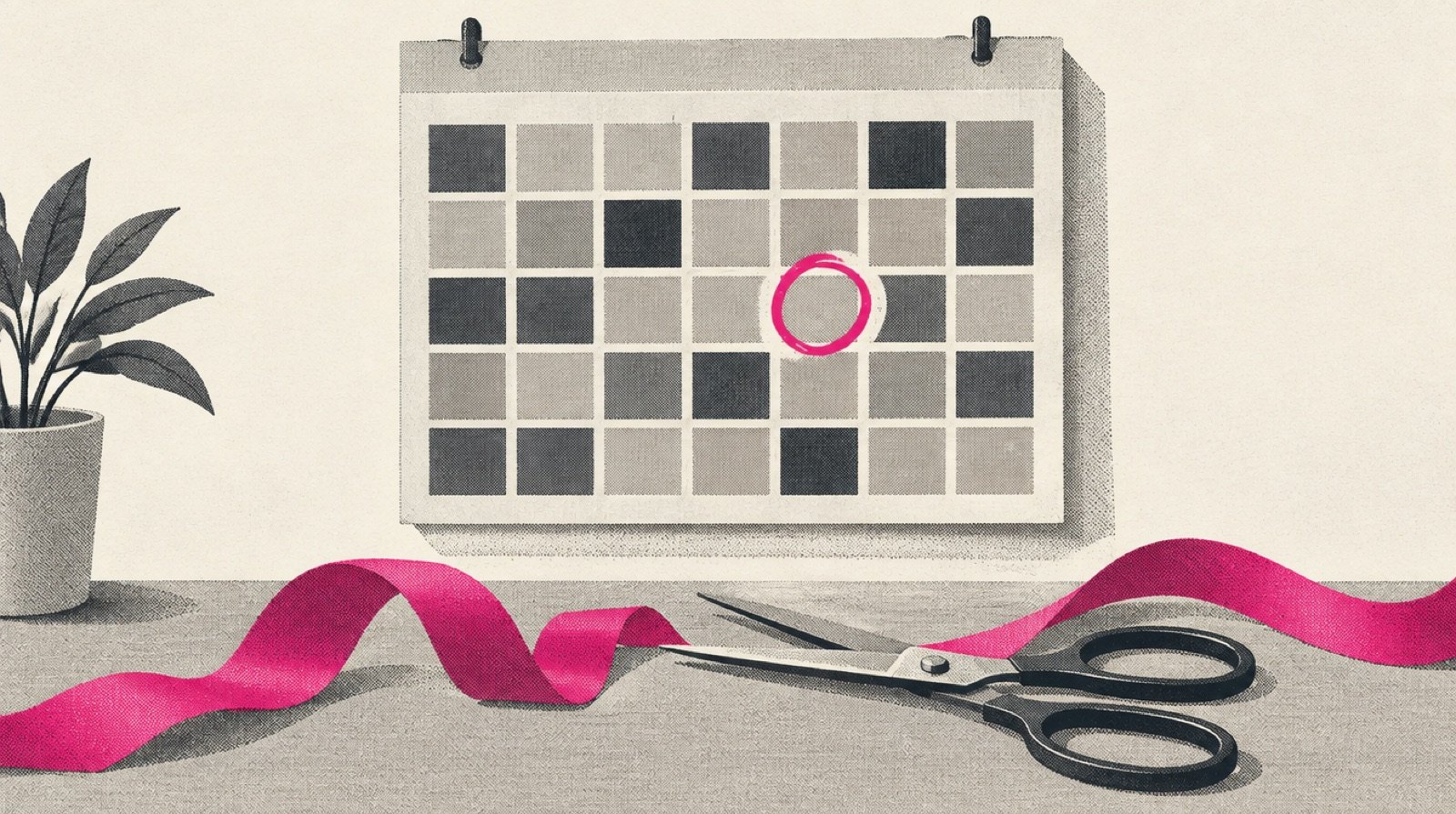 A wall calendar on off-white paper with weeks blocked in charcoal and warm grey, one opening-day square circled in magenta, a pair of scissors and a ribbon resting below it