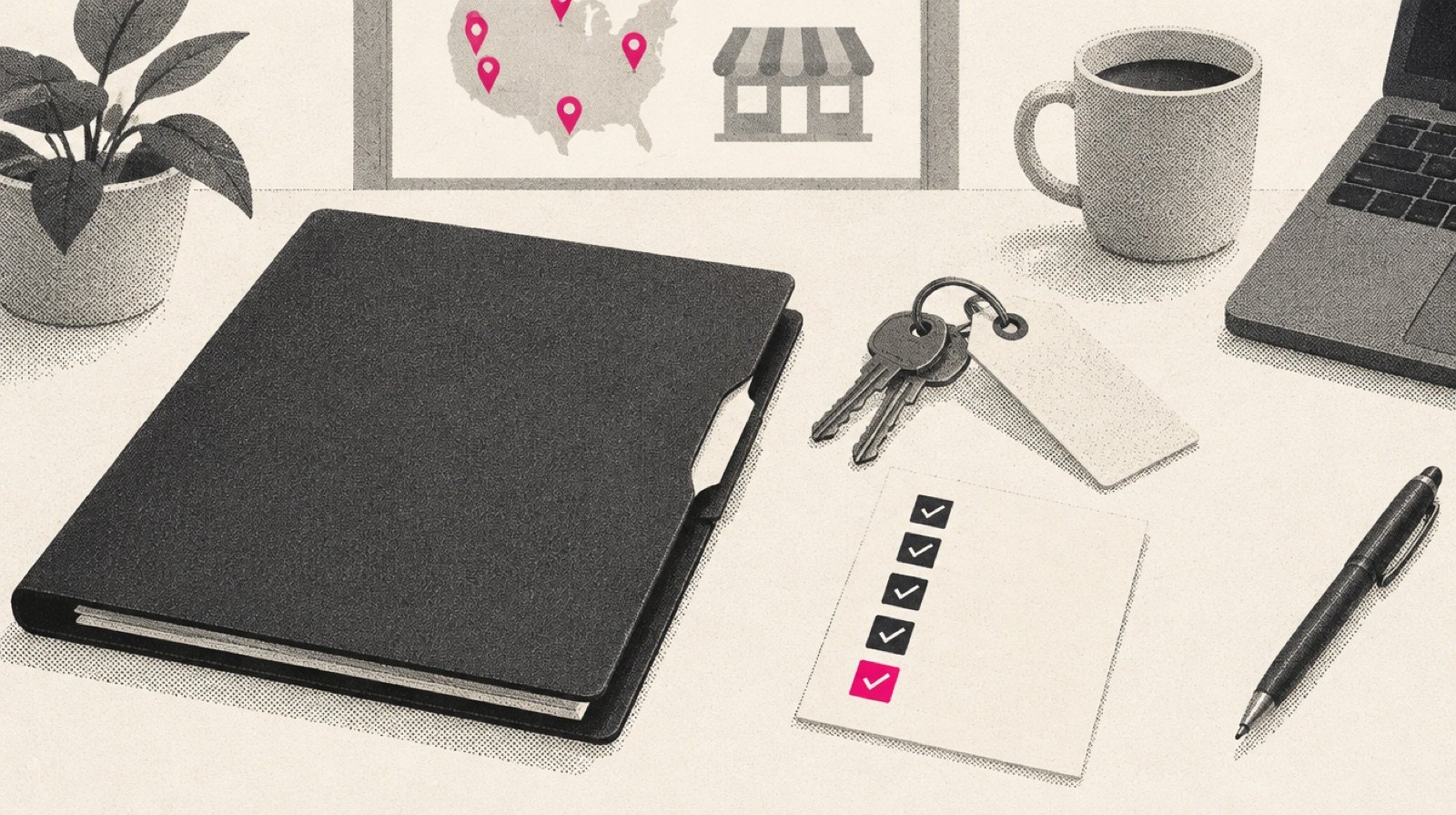 A development desk with a fresh folder, a set of keys on a paper tag and a short checklist card, four of five boxes filled in charcoal and the last in magenta