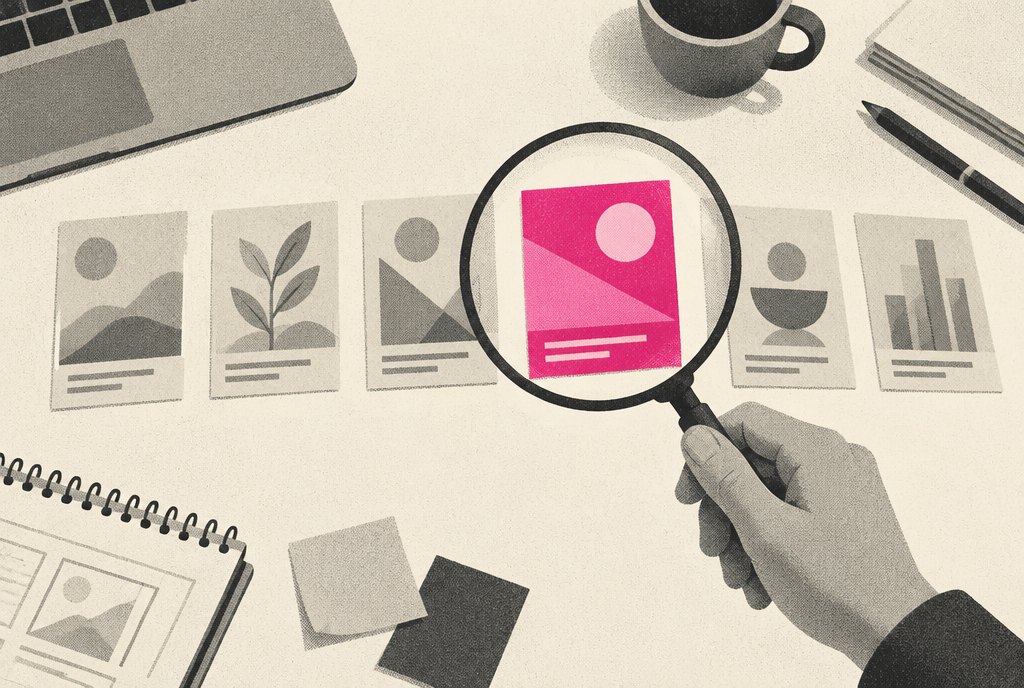 Illustration of a hand holding a magnifying glass over a row of small paper ad cards on a desk, most pale and one in magenta
