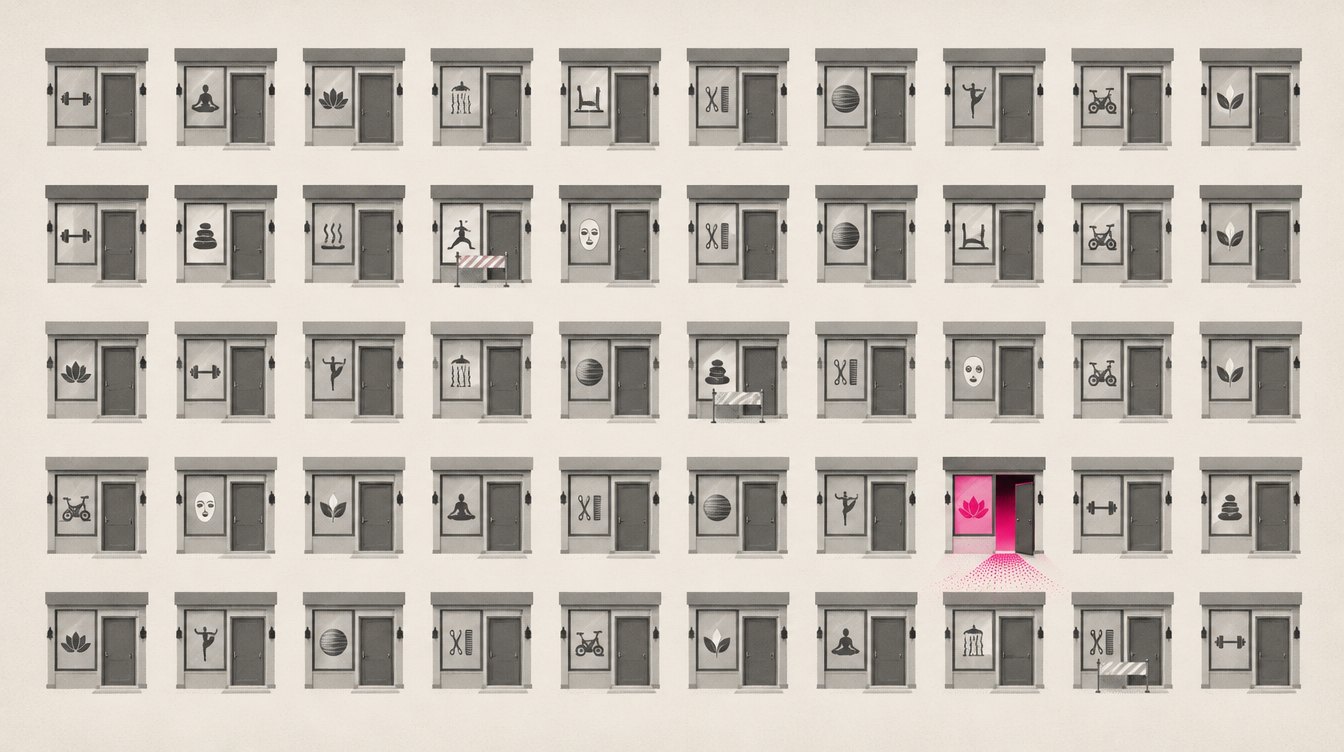 A grid of small storefront doors, almost all closed and grey, with a single magenta door slightly open