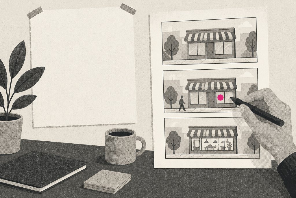 An ad-planning desk with a plain text poster on the left and a hand-drawn storyboard of three small scenes on the right, one scene marked with a magenta dot