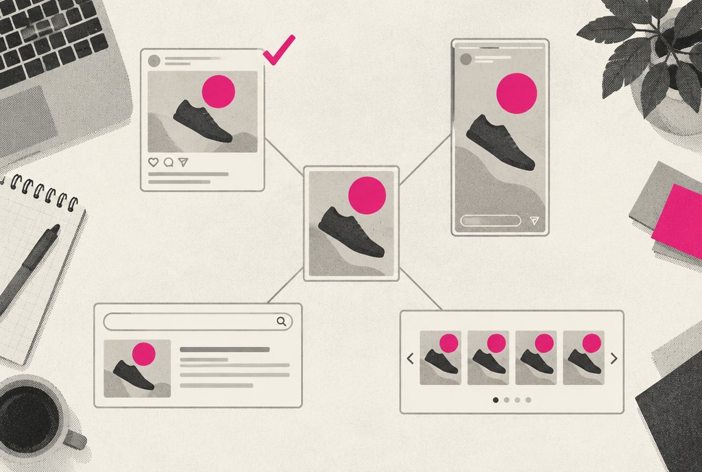 A single ad card on a desk fanning out into several phone and browser frames: a social feed, a vertical story and a search result, with one frame marked by a magenta check