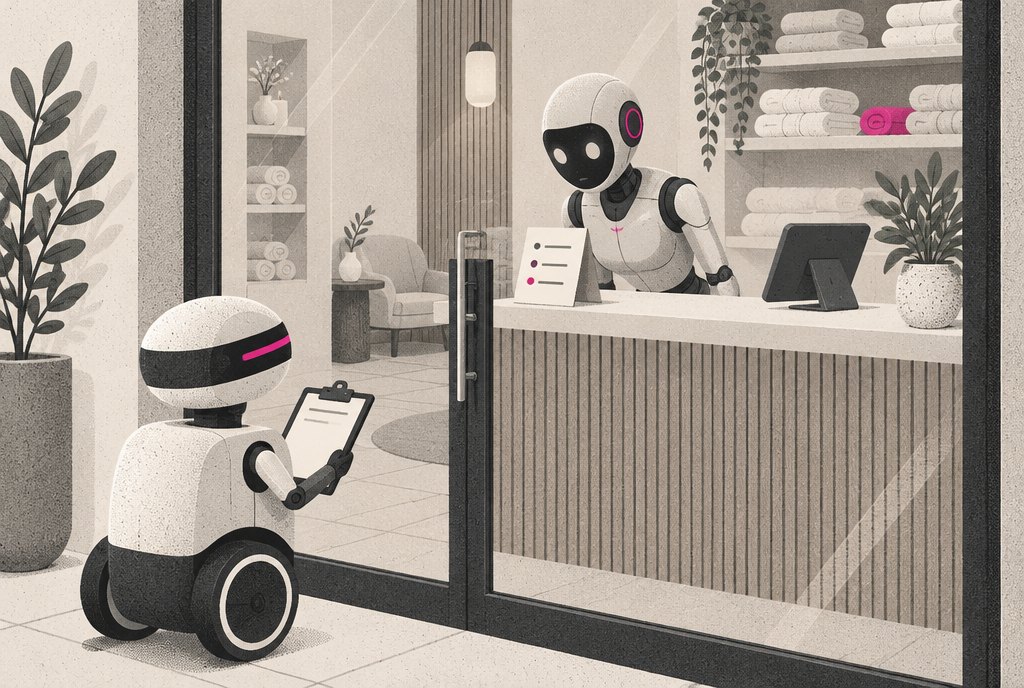 An illustrated front desk of a small spa where a small courier robot holds up a clipboard to a closed glass door, while a second, sharper robot behind it looks through the glass at a short menu card propped on the counter inside