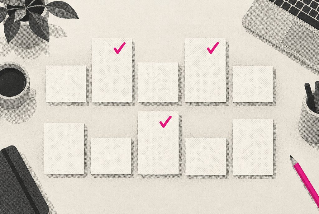 An illustrated ad-planning desk with ad cards sorted into two rows, one row taller than the other, a magenta pencil marking the cards that sit high in both rows