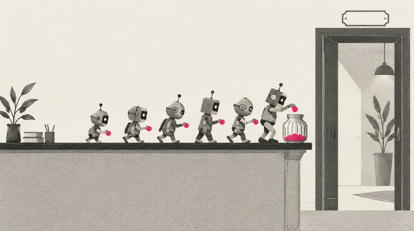 A studio front desk with an old tip jar, and a line of tiny robots each dropping a single small coin into it