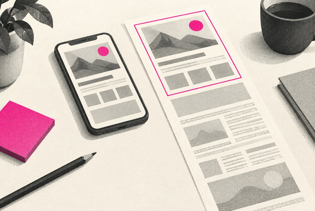 A phone held next to a printed page layout on a desk, with the first screen of the layout outlined and the rest of the page fading below it